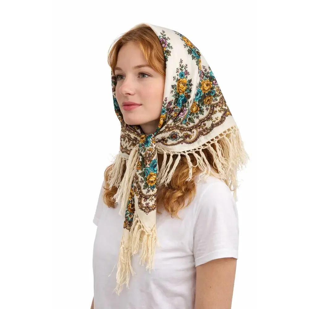 1970s Vintage Floral Hand-Knotted Fringe Shawl Scarf Boho Folk Cotton Wrap